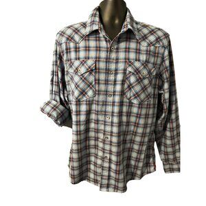 Wrangler Mens Plaid Long Sleeve Button-Up Shirt Blue/Orange L